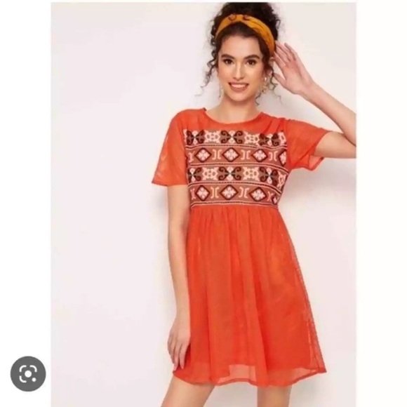 Zara Dresses & Skirts - Zara Bright Orange Embroidered Mini Dress